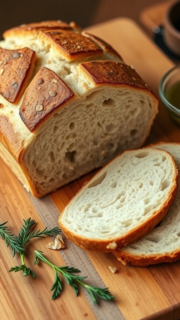 A golden-brown loaf of sourdough bread on a wooden board, sliced to show its airy crumb, with herbs and olive oil in the background.